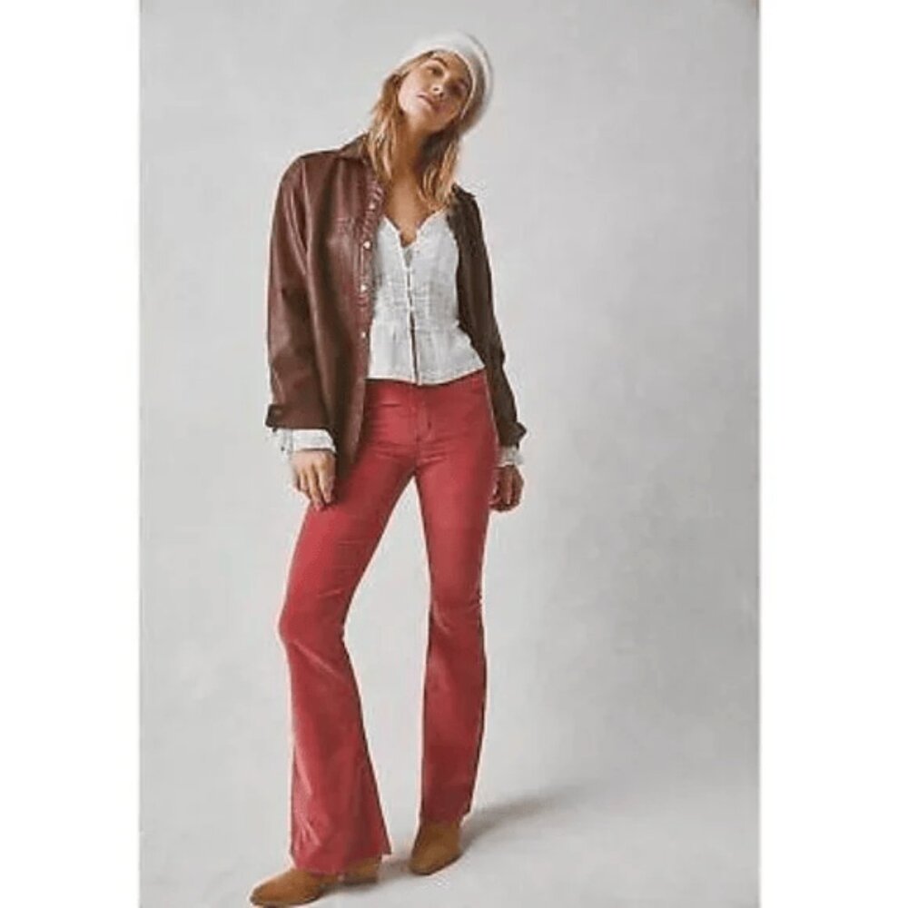 Free People Midrise Penny Pull-On Stretch Corduroy Red Flare Pants - Size 26